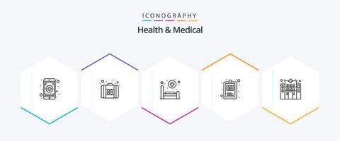 saúde e pacote de ícones médicos de 25 linhas, incluindo . consultório. paciente. prédio. prontuário hospitalar vetor