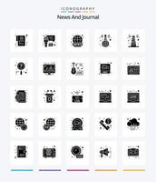 notícias criativas pacote de ícones preto sólido de 25 glifos, como pesquisa. notícias. transmissão. satélite. tecnologia vetor