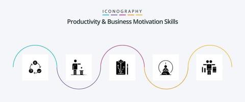 produtividade e habilidades de motivação de negócios glifo 5 pacote de ícones incluindo meditação. concentração mental. reciclando. pensar. estratégia vetor