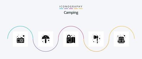 pacote de ícones de glyph 5 de acampamento, incluindo . mapa. viajando. saco vetor