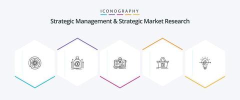 gerenciamento estratégico e pesquisa estratégica de mercado pacote de ícones de 25 linhas, incluindo lâmpada. cesta. empréstimo. Adicionar ao carrinho. história vetor