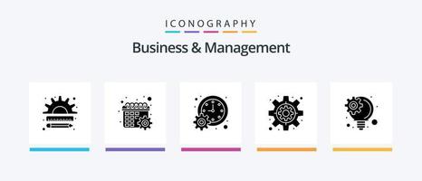 pacote de ícones de glifo 5 de negócios e gerenciamento, incluindo gerenciamento de ideias. engrenagem. definições. o negócio. cronograma. design de ícones criativos vetor