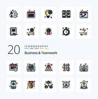 20 pacotes de ícones de cores preenchidos com linha de negócios e trabalho em equipe, como negócios de conceito de construção de plano móvel vetor