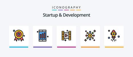 a linha de inicialização e desenvolvimento preencheu o pacote de 5 ícones, incluindo . distintivo. assistindo. fita de prêmio. prêmio. design de ícones criativos vetor