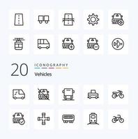 Pacote de ícones de linha de 20 veículos, como carro, moto, carro, caminhão, carro vetor