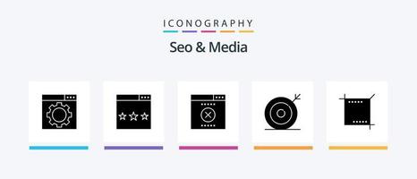 pacote de ícones seo e media glyph 5, incluindo mídia. seo. erro. procurar. meios de comunicação. design de ícones criativos vetor