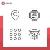 conjunto de pictogramas de 4 cores planas de linha preenchida simples de elementos de design de vetores editáveis de fábrica de processador de chip de discagem de localização