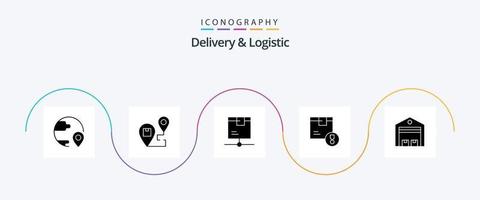 entrega e pacote de ícones logísticos de glifo 5, incluindo entrega. realização. mapa. envio. rede vetor