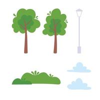 árvores arbustos e postes de lâmpadas ícones de nuvens design vetor