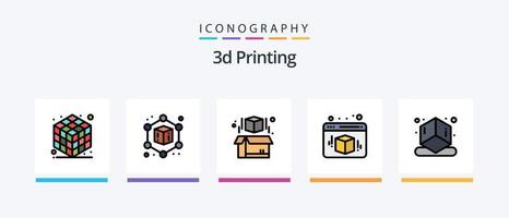 A linha de impressão 3D preencheu o pacote de 5 ícones, incluindo a impressão. 3d. plástico. impressão. monitor. design de ícones criativos vetor