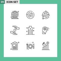 9 ícones criativos, sinais modernos e símbolos de pratos de bateria essenciais, cuidados amorosos, elementos de design de vetores editáveis