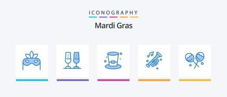 Pacote de ícones Mardi Gras Blue 5, incluindo produtos de confeitaria. trompete. beber. barulho. carro. design de ícones criativos vetor
