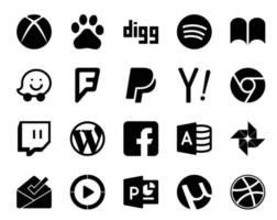 Pacote de 20 ícones de mídia social, incluindo caixa de entrada Microsoft Access Yahoo Facebook Wordpress vetor