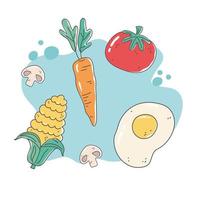 comida saudável nutrição dieta orgânica ovo frito tomate cenoura milho cogumelo vetor