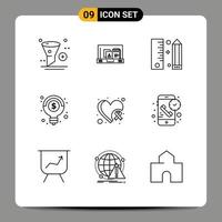 conjunto de pictogramas de 9 contornos simples de maleta de idéias de mama, lápis criativo, elementos de design de vetores editáveis