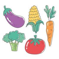 alimentos saudáveis nutrição dieta orgânica berinjela tomate cenoura milho e brócolis vegetais ícones vetor
