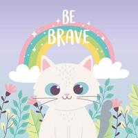 gatinho fofo animal arco-íris flores ramo desenho animado frase inspiradora vetor