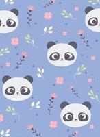 O panda fofo enfrenta flores e folhas de fundo de decoração vetor