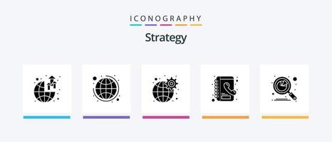 pacote de ícones de glifo 5 de estratégia, incluindo dados. análise. engrenagem. lista telefônica. livro. design de ícones criativos vetor