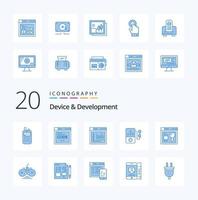 20 dispositivos e pacote de ícones de cor azul de desenvolvimento, como música de educação de navegador de pesquisa vetor