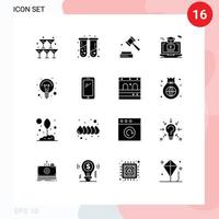 pacote de interface do usuário com 16 glifos sólidos básicos de educação, formação em vídeo de negócios, elementos de design de vetores editáveis