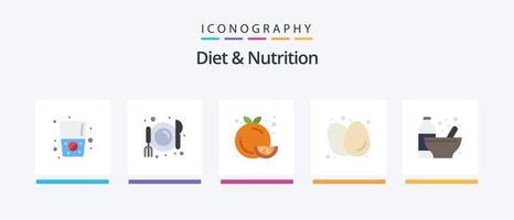 pacote de ícones plano de dieta e nutrição 5, incluindo garrafa. Comida. fruta. ovos. café da manhã. design de ícones criativos vetor