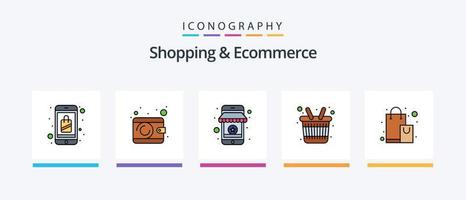 a linha de compras e comércio eletrônico preencheu o pacote de 5 ícones, incluindo bolsa. carrinho. Comprar . Shopping. bonde. design de ícones criativos vetor