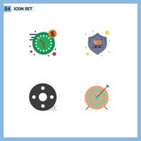 conjunto moderno de pictograma de 4 ícones planos de tempo de badalo de ação do relógio, badalo de compras, elementos de design de vetores editáveis