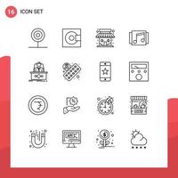 conjunto de pictogramas de 16 contornos simples de produtos de mídia de música, loja de álbuns, elementos de design vetorial editáveis vetor