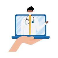 médico masculino online com máscara em desenho vetorial de laptop vetor