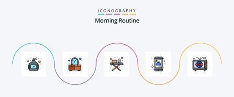 linha de rotina matinal cheia de pacote de ícones de 5 planos, incluindo em todo o mundo. televisão. ferramentas de engomar. notícias. serviço vetor