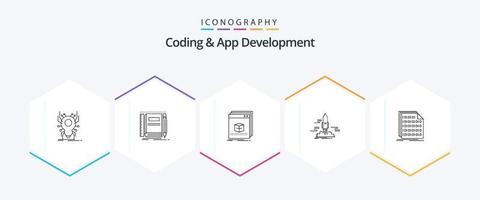 pacote de ícones de 25 linhas de codificação e desenvolvimento de aplicativos, incluindo aplicativo. lançar. bolso. programa. aplicativo vetor