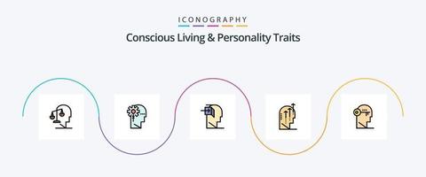 vida consciente e linha de traços de personalidade preenchida com 5 ícones planos, incluindo humano. emocional. em formação. mente. interno vetor