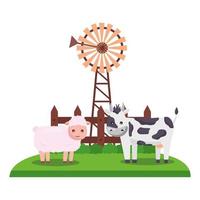 fazenda linda vaca e ovelha com desenho vetorial de moinho de vento vetor