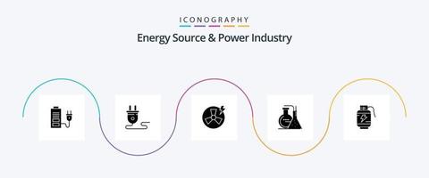 fonte de energia e pacote de ícones do glifo 5 da indústria de energia, incluindo acumulador. laboratório. reação. fábrica vetor