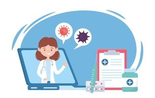 saúde online, médica em laptop relatar prescrição de remédio