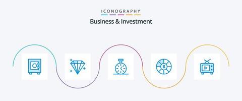 pacote de ícones azul 5 de negócios e investimentos, incluindo . Toque. cronômetro. televisão. dólar vetor