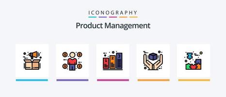 a linha de gerenciamento de produtos preencheu o pacote de 5 ícones, incluindo o produto. gestão. pagar. produtos. descrições. design de ícones criativos vetor