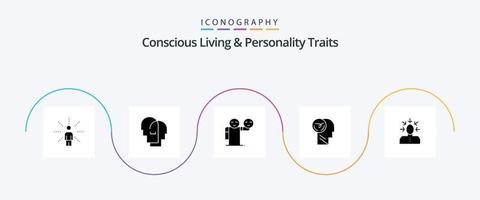 vida consciente e traços de personalidade glyph 5 icon pack incluindo velocidade. mais rápido. sentimentos. cérebro. cuidados de saúde