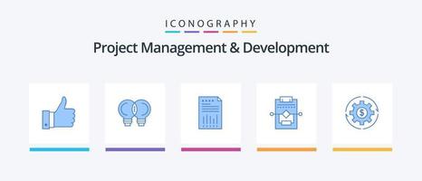 gerenciamento de projetos e pacote de ícones azul 5 de desenvolvimento, incluindo processo. fluxo de trabalho. planilha. relatório. gráfico. design de ícones criativos vetor