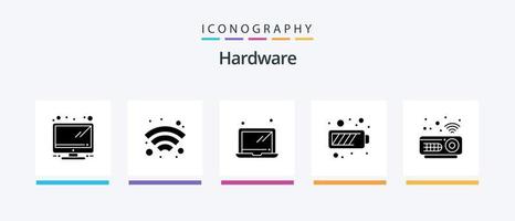 pacote de ícones de glifo 5 de hardware, incluindo . projetor. computador portátil. hardware. energia. design de ícones criativos vetor