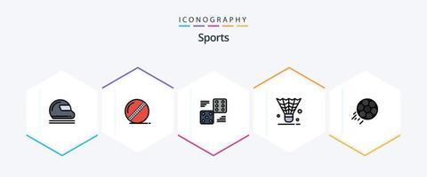pacote de ícones de 25 linhas preenchidas de esportes, incluindo peteca. galo. esporte. badminton. seis vetor