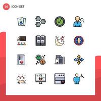 pacote de interface do usuário de 16 linhas básicas de cores planas preenchidas de espaço de trabalho em equipe humano usuário empregado elementos de design de vetores criativos editáveis