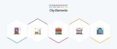 elementos da cidade 25 pacote de ícones planos, incluindo cidade. prédio. mercado. finança. banco vetor