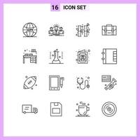 conjunto de pictogramas de 16 contornos simples de elementos de design de vetores editáveis de bolsa de líder de viagem de mesa gree