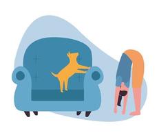 mulher com cachorro na cadeira em casa desenho vetorial vetor