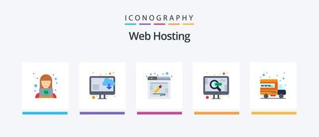 web hosting flat 5 icon pack incluindo web. hospedagem. Comente. procurar. seo. design de ícones criativos vetor