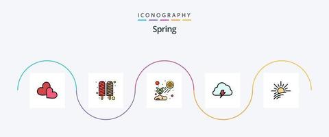 linha de primavera cheia de pacote de ícones plana 5 incluindo sol. natureza. folha. nuvem. crescente vetor
