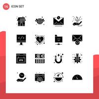 grupo de 16 sinais e símbolos de glifos sólidos para elementos de design de vetores editáveis de mensagem de letras verdes de mão de computador