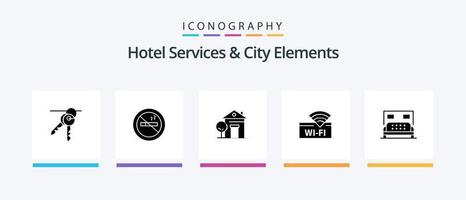 serviços de hotel e pacote de ícones de glifo 5 de elementos da cidade, incluindo cama. dispositivo. prédio. serviço. hotel. design de ícones criativos vetor